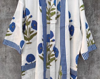 Block Printed Blue and White Color Kimono Robe, Cotton Robes For Women, Plus Size, Cotton Kimono, Beach Cover Up, Lounge Wear, Casual wear