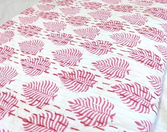 Indian Cotton Handmade Kantha Beautiful Hand Block Print King Size Bedspread Kantha Boho Summer Blanket Vintage Sofa Cover Bedspread Throw