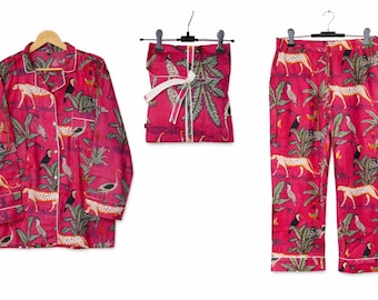 Conjunto de pijama de algodón, estampado de jungla rosa indio, conjunto de pijama tropical con estampado de jungla hecho a mano, ropa de dormir de verano, pijama hippie para mujer.