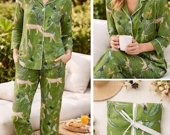 Set pigiama in cotone verde con stampa giungla e blocchi di stampa a mano, bellissimo pigiama indiano fatto a mano, abito estivo da spiaggia per donna.