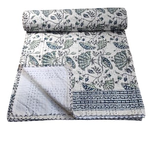 Hand Block Print Kantha Quilt Indian Cotton Kantha Queen Size Blanket Quilt Kantha Bedding Bedspread Throw Indian Twin Coverlet Gudari