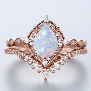 Dainty Pear Opal Ring-Set, Rose Gold V-Shaped Stacking Diamond Band Set, Unique Engagement Jewelry