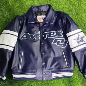 Avirex Bomber Jacket, Cowhide Leather Jacket, Avirex In Royal Blue Color with White Arm Stapes, Leather Jacket For Unisex, Gift For Him/Her
