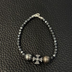 925 Sterling Silver Gothic Pearl Bracelet - Vintage Y2K Punk Grunge Unisex Jewelry - Handmade Cross Beaded Statement Gift