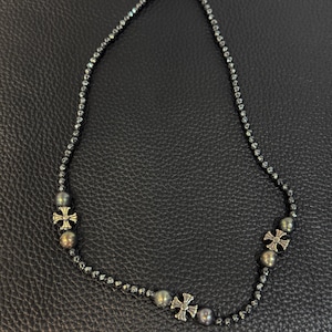 925 Sterling Silver Gothic Pearl Necklace - Vintage Y2K Punk Grunge Unisex Jewelry - Handmade Cross Beaded Alternative Gift