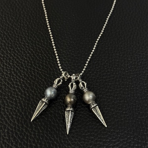 925 Sterling Silver Gothic Pearl Necklace - Vintage Y2K Punk Grunge Unisex Jewelry - Triple Spike Pendant Alternative Gift