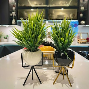 Handmade Ceramic Planters with Metal Stand | Black & White Indoor Pots | Modern Home Decor | Minimalist Plant Holders | 8x5 Inches