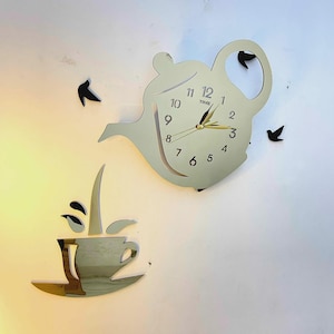 Kettle Tea Pot Wall Clock | 30×22″ Modern Kitchen Decor | Gold, Silver Acrylic or Black Wooden | Silent Quartz Tea Clock