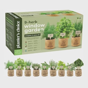 May include: A 9-herb window garden kit with a complete 31-piece set. The kit includes a box with the text "planter's choice" and "9-herb window garden". The image shows nine small potted herbs, including dill, basil, and chives.