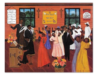 Puede incluir: Una pintura colorida representa una animada escena de iglesia. Personas con vestimenta formal bailan y celebran. Un hombre toca el órgano, mientras otros sostienen instrumentos musicales. El texto en la pared dice "God Bless This Holy House".