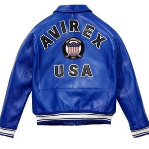 AVIREX Blue Leather Jacket, American Bomber Flight Jacket, Genuine Leather Coat, Military Jacket, Gift for Him or Her, Labor Day Gift