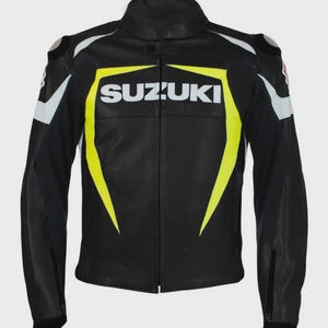 Suzuki Racing MotoGP Leather Jacket, Biker Black Leather Jacket, Riding Armor Jacket, Genuine Cowhide & CE Approved Jacket, Gift For Him/Her