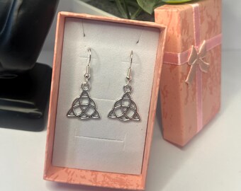 Silver Trinity Knot Dangle Earrings | Celtic Pagan Jewelry