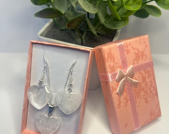 Clear Quartz Heart Necklace & Earrings Set | Sterling Silver Snake Chain | Crystal Jewellery Gift Set