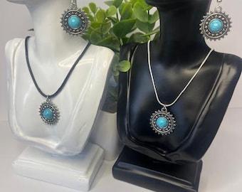 Turquoise Necklace & Earrings Set | Sunburst Pendant | Sterling Silver or Black Rope | Boho Jewellery Set |