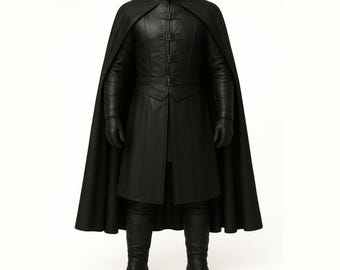 May include: A black leather costume comprising a high-collared jacket, cape, and knee-high boots. The outfit includes multiple buckles and a tailored design, ideal for cosplay or themed occasions. Gloves and boots complete the look.