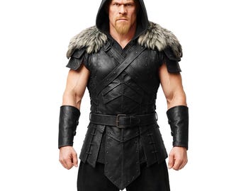 May include: Black leather hooded vest with fur trim and matching arm cuffs. The vest has a belted waist and shoulder armour, creating a medieval or fantasy aesthetic. The outfit is designed with a focus on detail and texture.