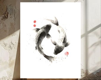 Koi Fish Art Print: Japanese Zen,Sumi-e Ink Painting, Minimalist (Digital Download)
