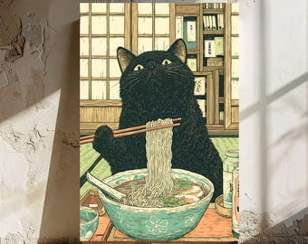 Japanese Cat Ramen Print: Vintage Kitchen Poster (Digital Download)