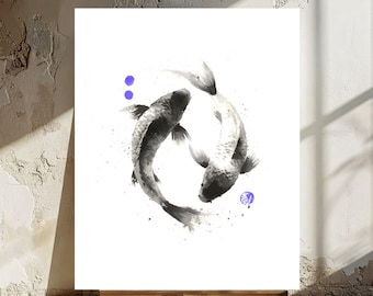 Koi Fish Art Print: Japanese Zen, Sumi-e Ink Painting,Minimalist (Digital Download)