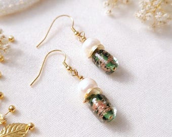 Green Pearl Drop Earrings, Freshwater Pearl Earrings, Gold Plated 925 Sterling Silver Dangle Earrings, Handmade Gift for Her