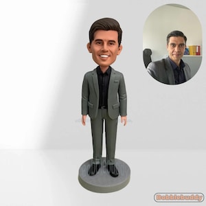 Custom Man Bobblehead Figurine – Personalized Polymer Clay Doll in Suit | Handmade Male Portrait Sculpture, Unique Office Keepsake Gift