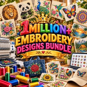 Może przedstawiać: Cyfrowa grafika z napisem 1 MILLION+ EMBROIDERY DESIGNS BUNDLE w kolorowych literach 3D ze złotą koroną. Wokół tekstu znajdują się różne haftowane kwadraty z tkaniny przedstawiające zwierzęta, kwiaty i krajobrazy, a także szpulki nici, dżinsowa torba z motywem róży oraz czapka z daszkiem z motylem.