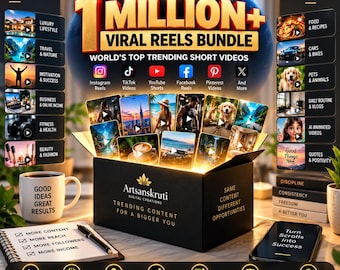 May include: A digital marketing bundle titled 1 Million+ Viral Reels Bundle featuring a black box labeled Artsanskruti Digital Creations, surrounded by social media icons, category lists, a coffee mug, a notebook, and a smartphone displaying Turn Scrolls Into Success.