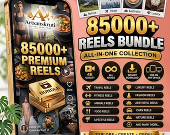 May include: A gold-framed smartphone displaying a digital content bundle advertisement with the text 85000+ REELS BUNDLE and ALL-IN-ONE COLLECTION. The screen shows various video thumbnails, icons for 4K quality, instant download, and multiple categories like travel, fitness, and luxury.