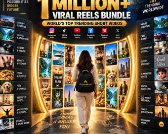 May include: A digital marketing graphic titled 1 MILLION+ VIRAL REELS BUNDLE featuring a person with a backpack facing a wall of video thumbnails. The text includes categories like Luxury Lifestyle, Fitness, and Business, with social media icons.