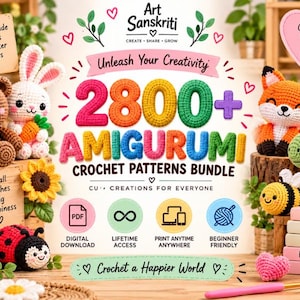 Könnte beinhalten: Ein digitales Paket mit über 2800 Amigurumi-Häkelanleitungen von Art Sanskriti. Die Grafik zeigt farbigen Text, Symbole für digitalen Download, lebenslangen Zugriff und anfängerfreundliche Funktionen, umgeben von verschiedenen gehäkelten Tierfiguren.
