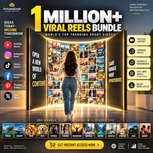 Puede incluir: Un anuncio de paquete de marketing digital titulado 1 Million+ Viral Reels Bundle. Muestra a una persona caminando hacia un portal brillante lleno de miniaturas de video. El texto incluye Ideas Today-Income Tomorrow, Faceless Content y Get Instant Access Now, con iconos para YouTube, Instagram, TikTok, Facebook, Pinterest y X.