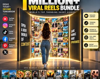 May include: A digital marketing bundle advertisement titled 1 Million+ Viral Reels Bundle. It features a person walking toward a glowing portal filled with video thumbnails. Text includes Ideas Today-Income Tomorrow, Faceless Content, and Get Instant Access Now, with icons for YouTube, Instagram, TikTok, Facebook, Pinterest, and X.