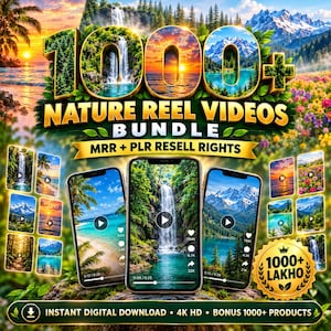 Könnte beinhalten: Ein digitales Paket mit über 1000 Natur-Reel-Videos mit MRR- und PLR-Wiederverkaufsrechten. Die Grafik zeigt drei Smartphones mit Naturszenen, umgeben von kleineren Videovorschaubildern und dem Text 1000+ NATURE REEL VIDEOS BUNDLE.