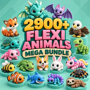 Può includere: Una collezione di statuette di animali articolate tra cui un drago, un pipistrello, una volpe, una tartaruga, un axolotl, un'ape, un coccodrillo, un corgi, un coniglio, un unicorno, un pesce pagliaccio, uno squalo, un bruco, un ragno, un'aquila e un bradipo, con il testo 2900+ FLEXI ANIMALS MEGA BUNDLE.
