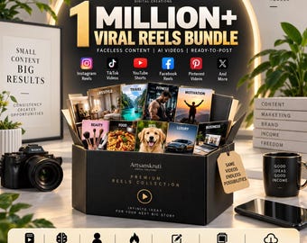 May include: A black box labeled Artsanskruti Premium Reels Collection containing cards with images for lifestyle, travel, fitness, motivation, beauty, food, pets, luxury, and business. The box features text including 1 Million+ Viral Reels Bundle.