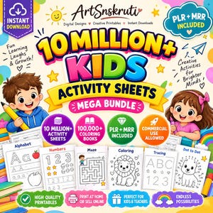 Può includere: Un pacchetto digitale di oltre 10 milioni di fogli di attività per bambini con illustrazioni colorate di un bambino e una bambina, inclusi 100.000 libri da colorare, PLR e MRR inclusi, uso commerciale consentito e vari fogli di esercizi didattici.