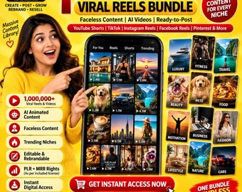 May include: A digital marketing advertisement for a 1 Million+ Viral Reels Bundle featuring a smartphone displaying a grid of video thumbnails, text overlays including 1 Million+ Viral Reels & Videos, and various category icons on a yellow background.