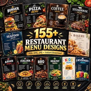 Pode incluir: Uma coleção de mais de 155 designs de menus de restaurante em formatos PSD, EPS e JPG. A exibição apresenta várias categorias de menus, incluindo hambúrguer, pizza, café, steakhouse, frutos do mar, padaria, asiático, italiano, churrasco, saudável, infantil e bebidas.