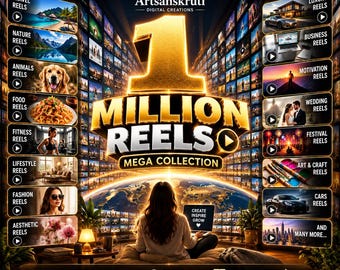 May include: A digital product advertisement titled 1 Million Reels Mega Collection by Artsanskruti. The graphic features a large gold number one, text, and numerous small video thumbnails categorized by niche like travel, nature, and business.
