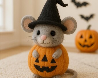 Niedliche Halloween-Maus Aus Wollfilz - Handgemachte Kürbis-Maus Mit Hexenhut Für Herbstdeko
