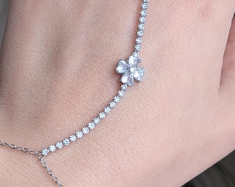 Crystal Flower Hand Harness – Stainless Steel Tennis Chain Bracelet