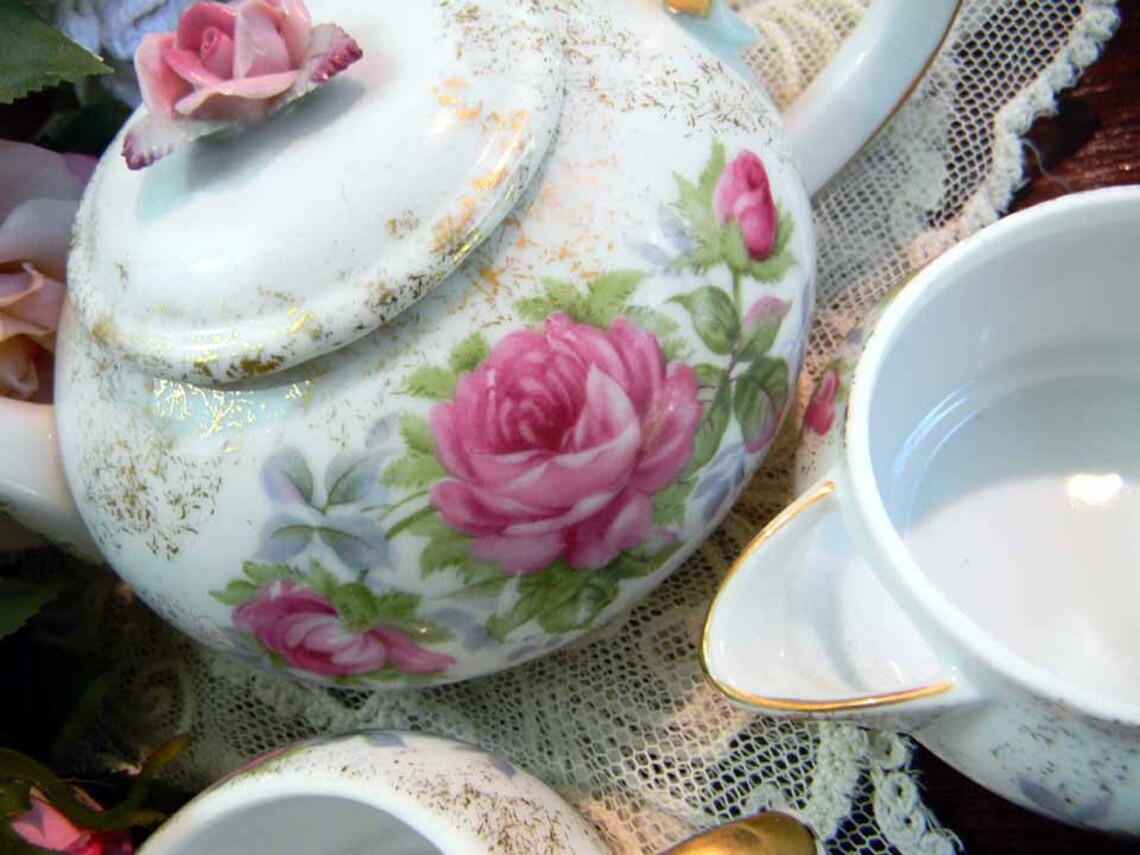 Lefton China Hand Painted Stacking Teapot Tea for One Sugar Etsy