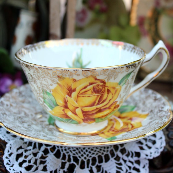 Vintage Teacup, Tea Cup and Saucer, Golden Rose, Collingwoods, Fine Bone China 12983