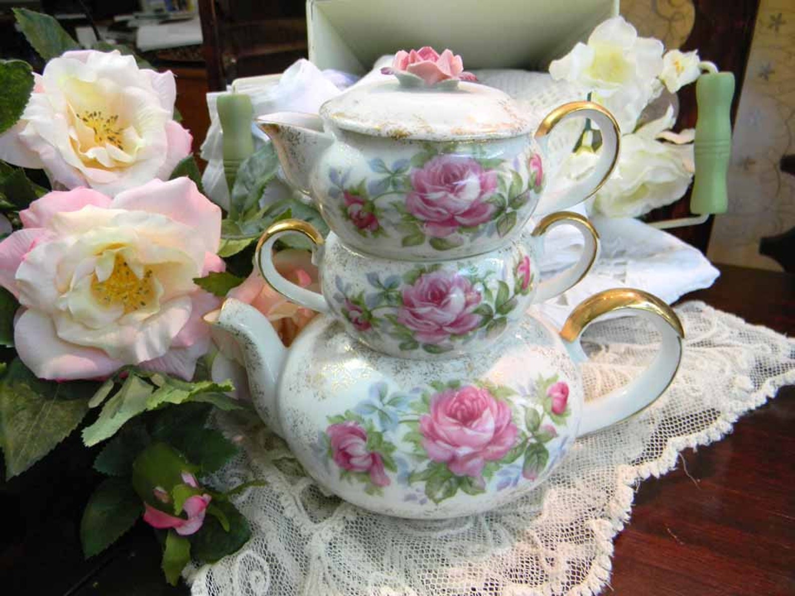 Lefton China Hand Painted Stacking Teapot Tea for One Sugar Etsy