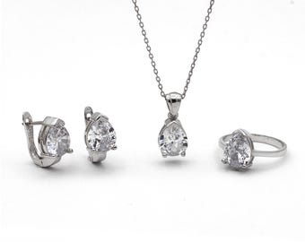 Sterling silver Set With Zircon Stone, Necklace, Ring & Earrings Set