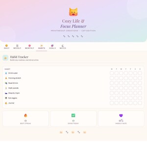Cosy Cat digitale planner | Interactieve browsergebaseerde Life & Habit Tracker (HTML-bestand)
