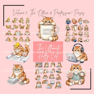 May include: A series of illustrations showcasing a ginger tabby cat in different "Office & Profession" scenarios. The cat is shown with a coffee mug, architectural plans, a laptop, and a clock. The mug has the text "Coffee Addict".