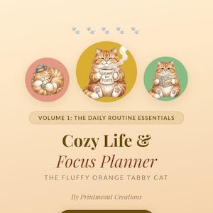 Könnte beinhalten: Ein digitales Planer-Cover mit dem Titel Cozy Life & Focus Planner: The Fluffy Orange Tabby Cat, Volume 1: The Daily Routine Essentials. Es zeigt drei kreisförmige Illustrationen von orangefarbenen getigerten Katzen und einen Button OPEN PLANNER.