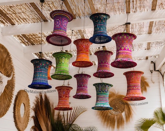 Farol colgante estilo bohemio, pantalla de lámpara de tela étnica, farol textil colorido, decoración del hogar hecha a mano